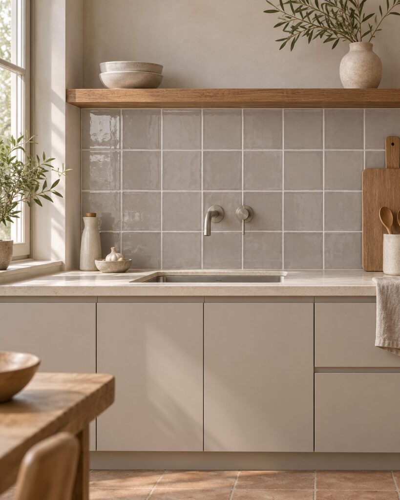 Keuken met Mindelo Glans Grey 13x13 grijze wandtegels, eiken wandplank en geborstelde kraan