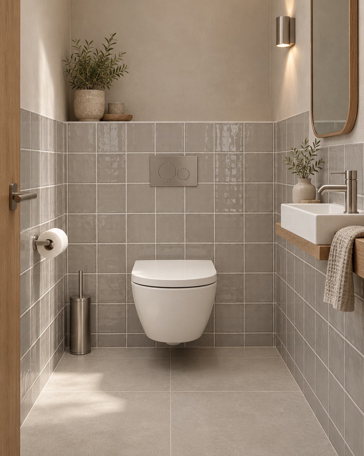 Toilet met Mindelo Glans Grey 13x13 wandtegels, houten fonteintafel en metalen accessoires