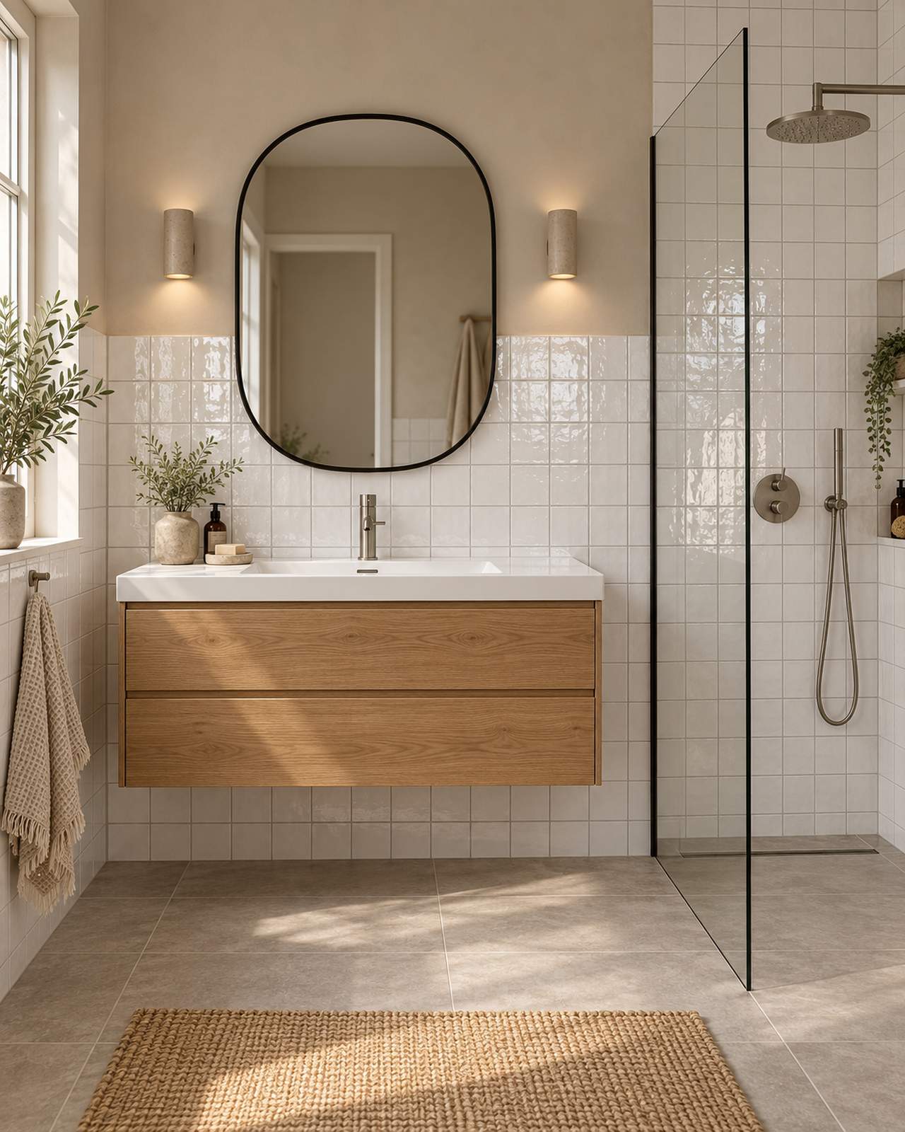 Badkamer met Mindelo Glans Hollandse Witjes 13x13, eiken wastafelmeubel en glazen douchewand