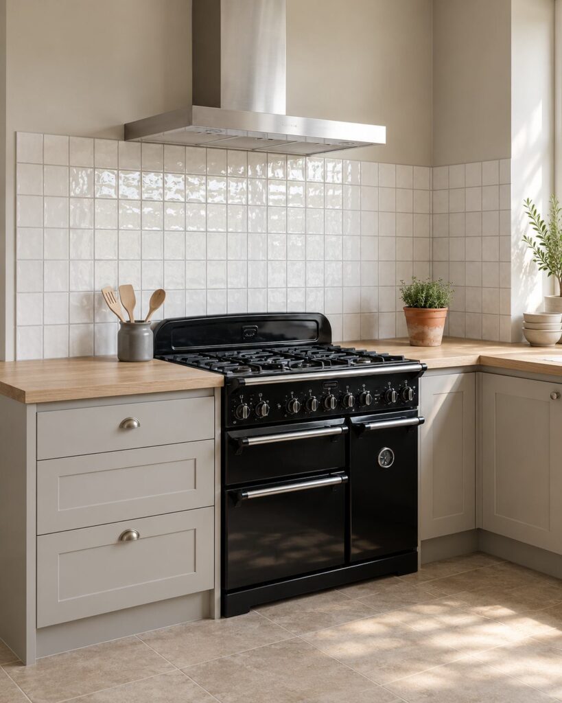 Keuken met Mindelo Glans Hollandse Witjes 13x13, houten werkblad en zwart fornuis