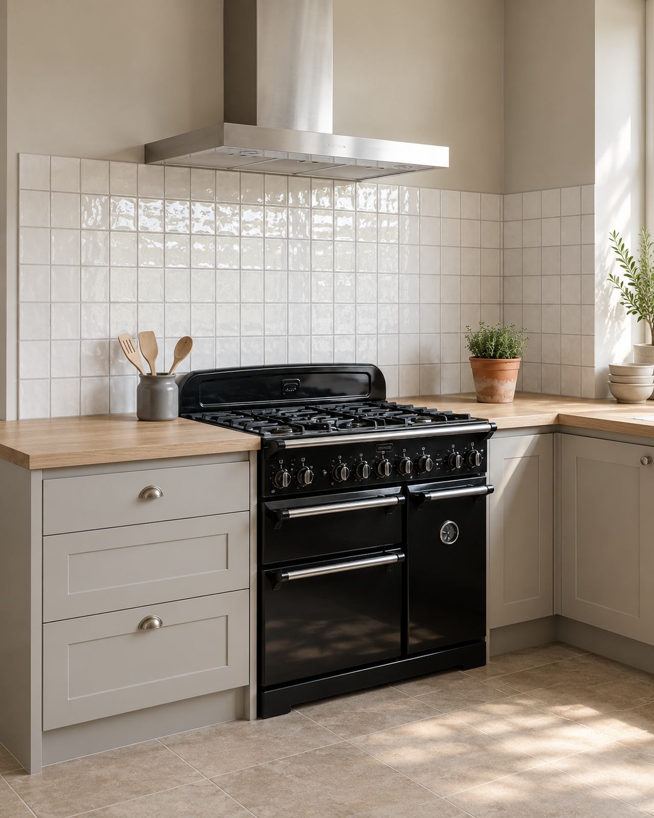 Keuken met Mindelo Glans Hollandse Witjes 13x13, houten werkblad en zwart fornuis