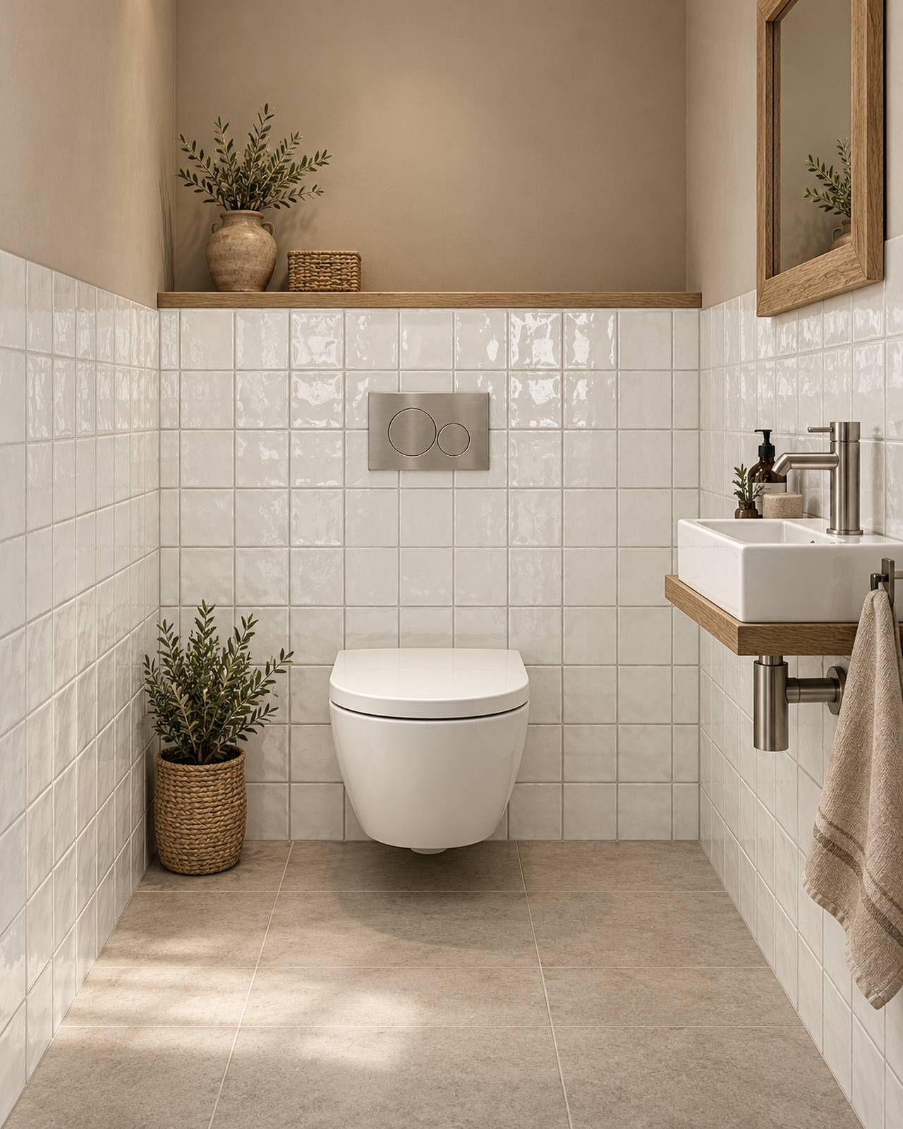 Toilet met Mindelo Glans Hollandse Witjes 13x13 en een fonteintje op een houten plank