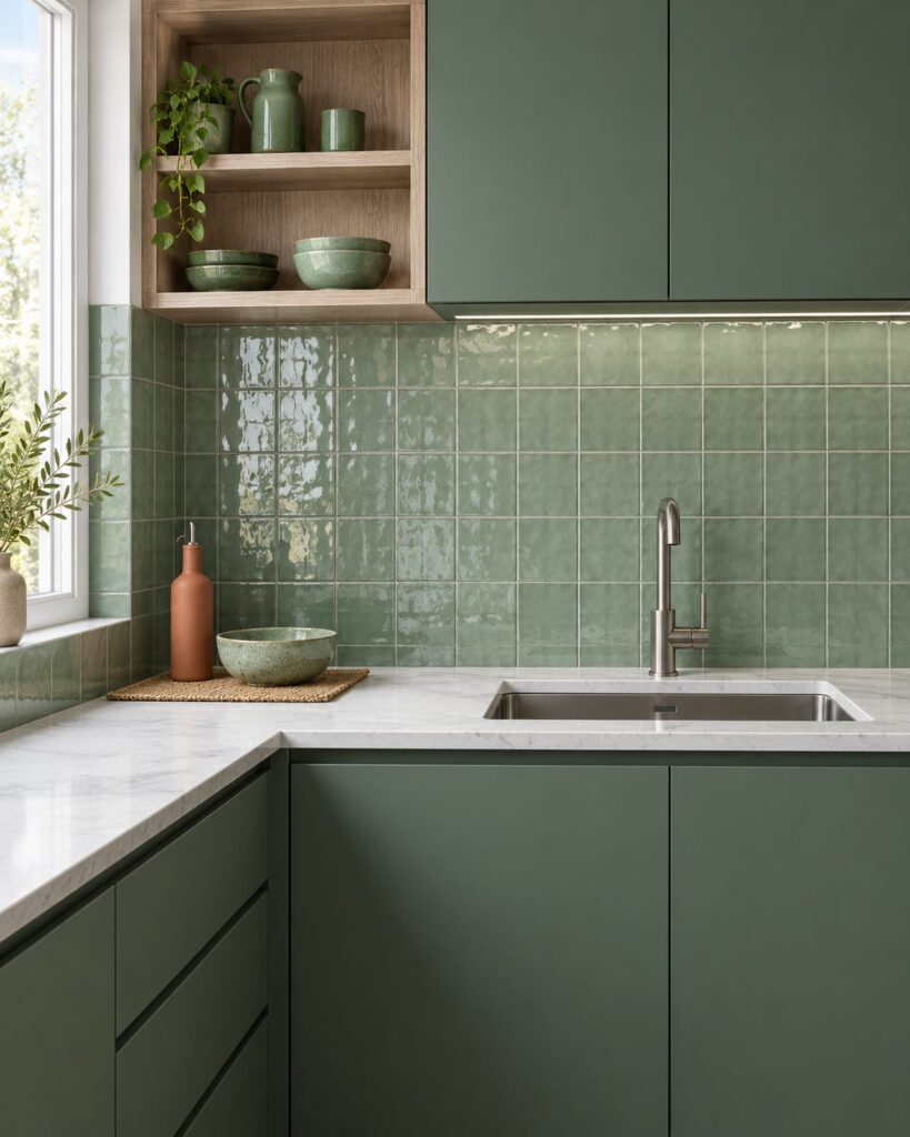 Keuken met Mindelo Glans Jade 13x13 groene wandtegels, groene kasten en eiken details