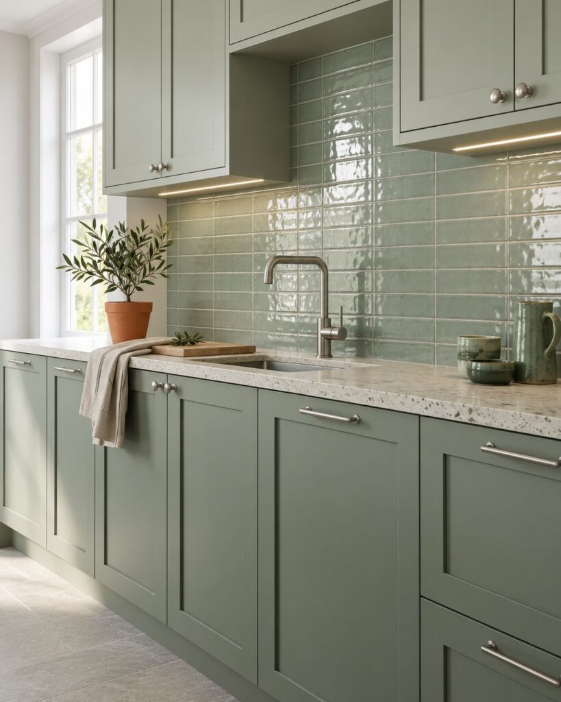 Keuken met Mindelo Glans Jade 5x25 wandtegels, groene kasten en een licht terrazzo werkblad