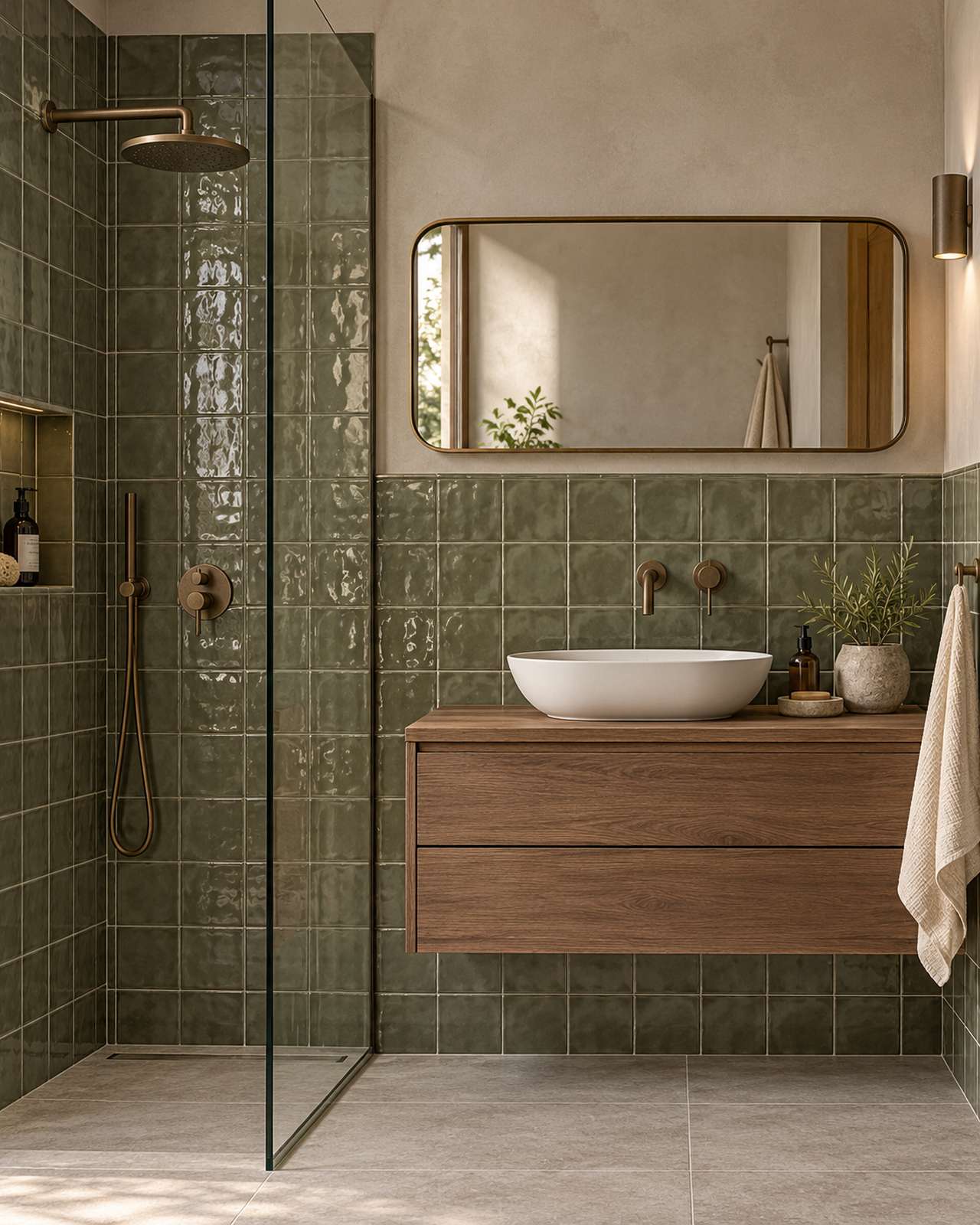 Badkamer met Mindelo Glans Legergroen 13x13 wandtegels, houten wastafelmeubel en bronzen kranen
