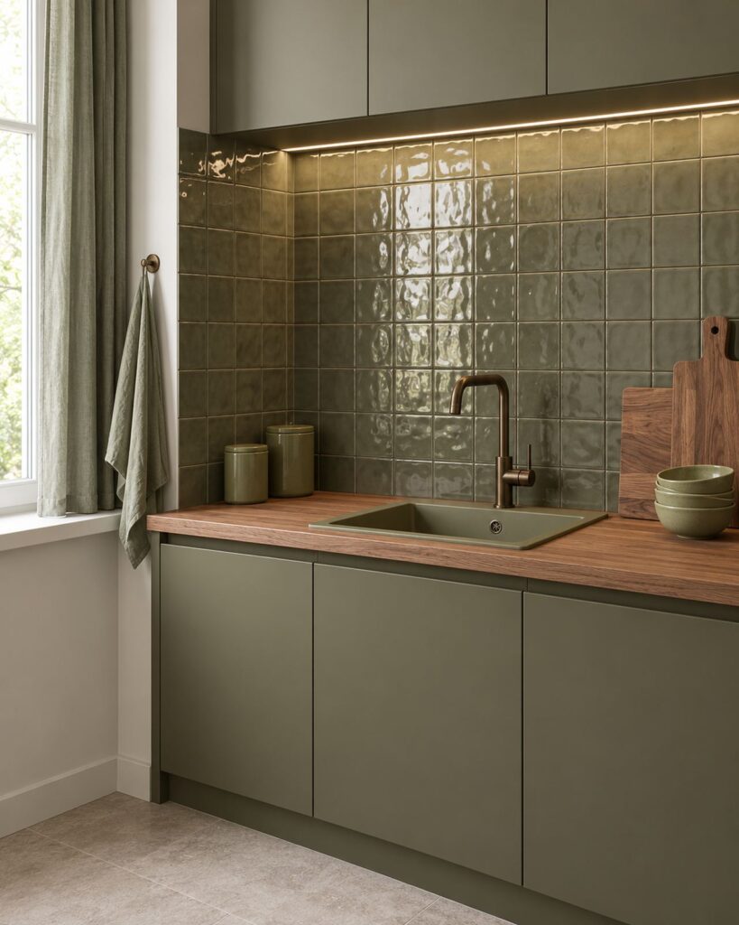 Keuken met Mindelo Glans Legergroen 13x13 wandtegels, houten werkblad en bronzen kraan