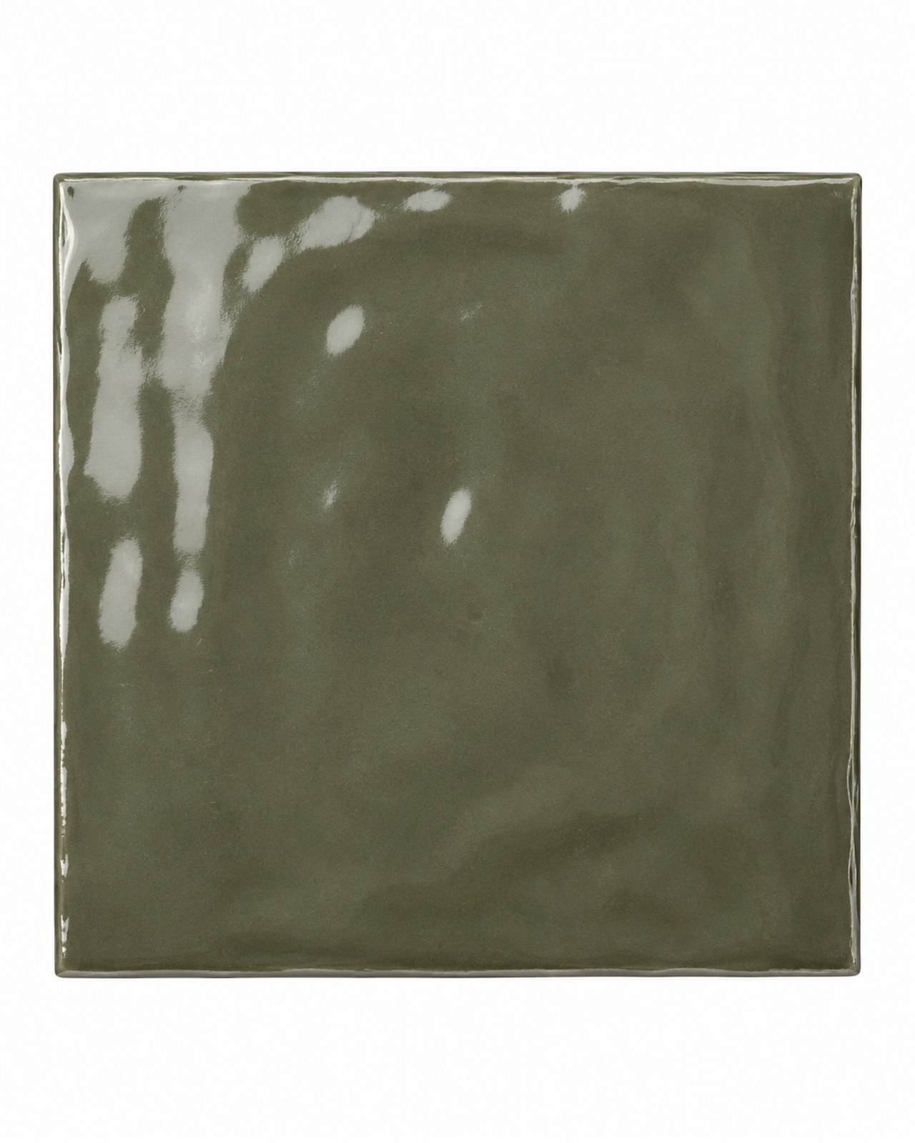 Mindelo Glans Legergroen 13x13 glanzende legergroene wandtegel op witte achtergrond