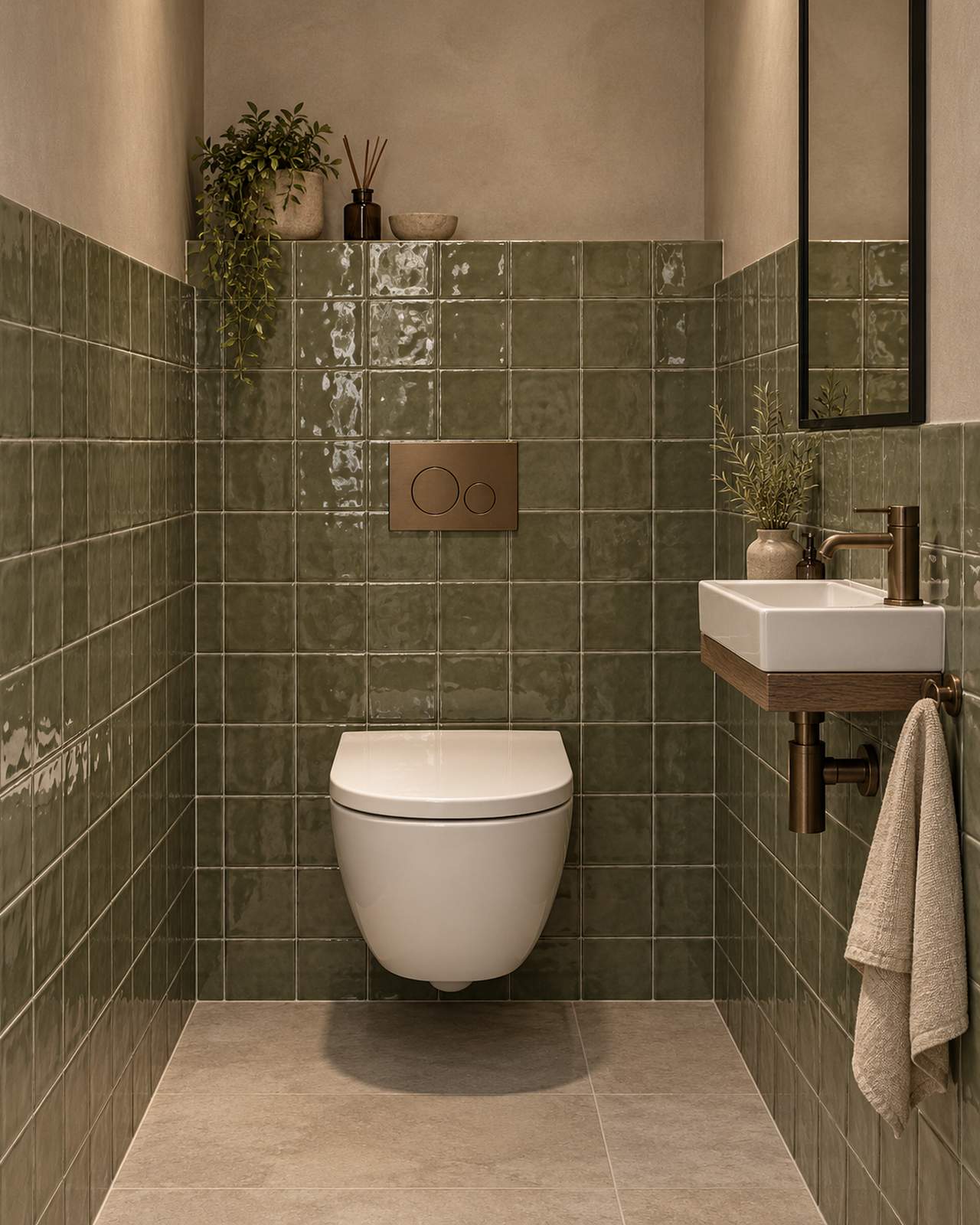 Toilet met Mindelo Glans Legergroen 13x13 wandtegels en een wit fonteintje op een houten plank