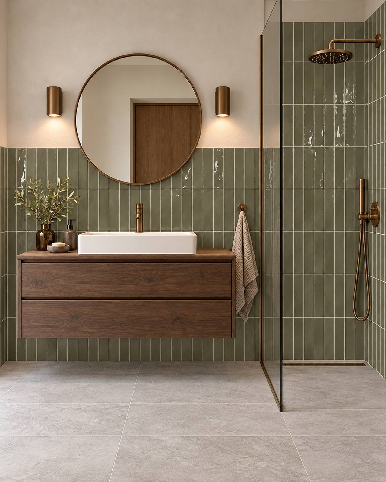 Badkamer met verticaal geplaatste Mindelo Glans Legergroen 5x25 wandtegels en houten wastafelmeubel