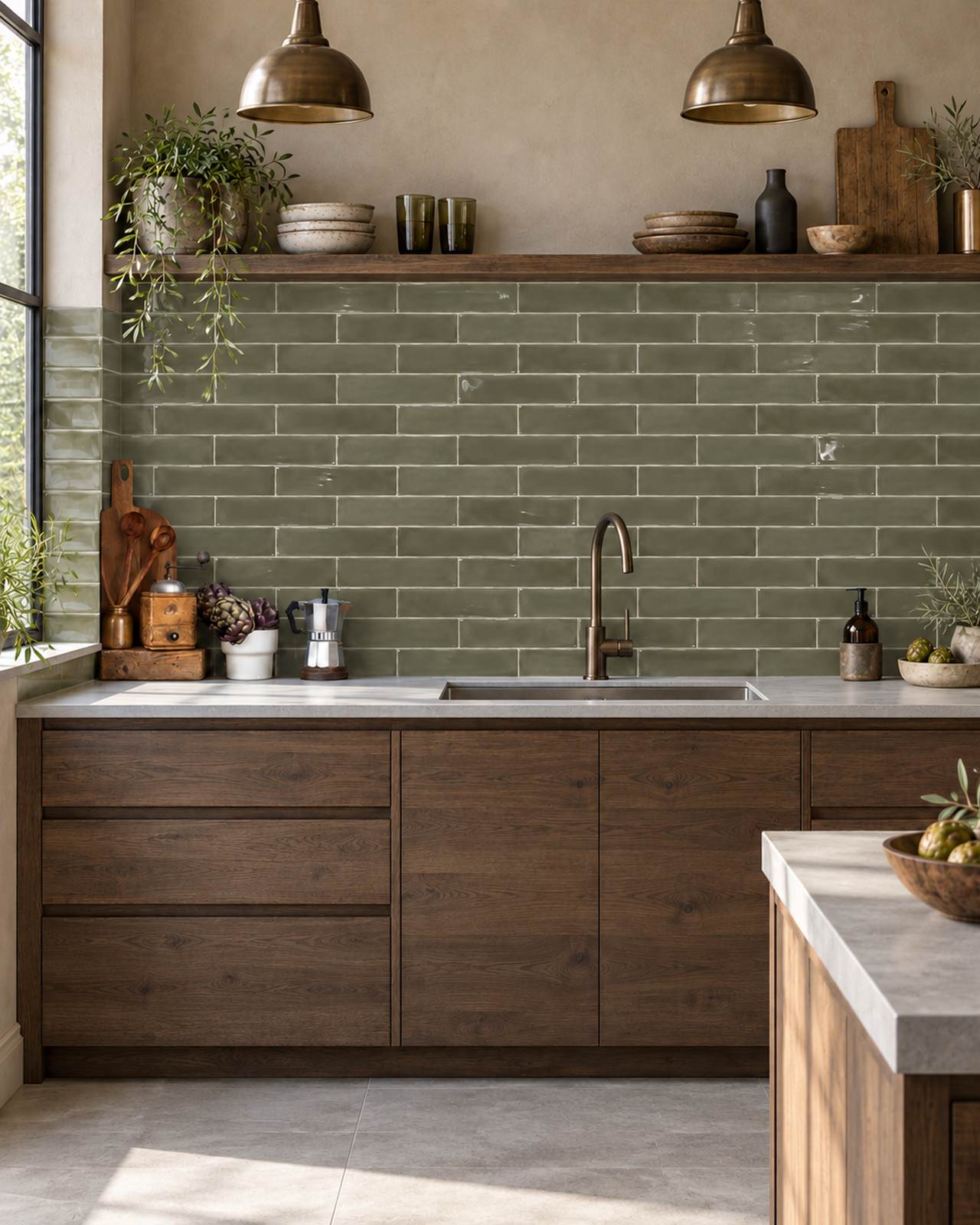 Keuken met Mindelo Glans Legergroen 5x25 wandtegels, donkere houten kasten en bronzen details