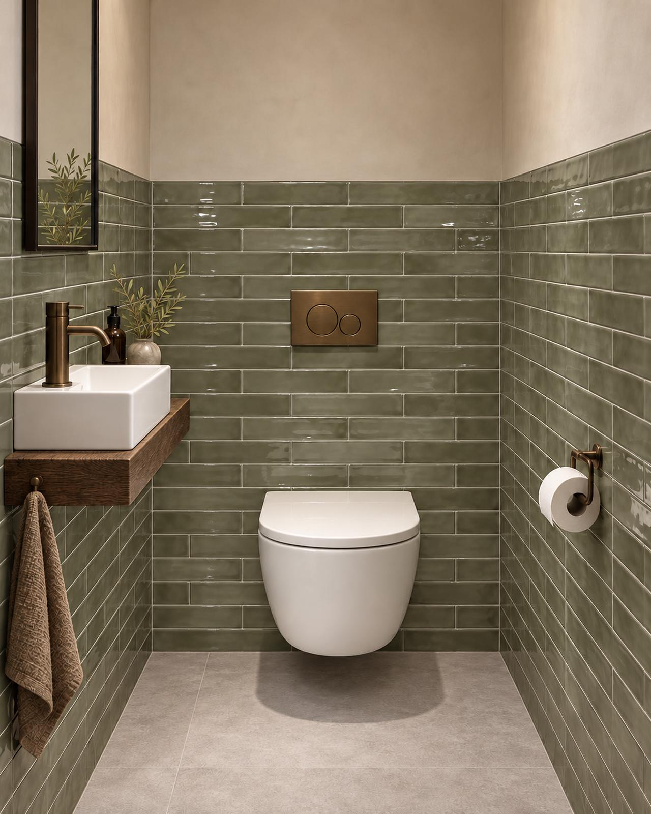Toilet met Mindelo Glans Legergroen 5x25 wandtegels, wit fonteintje en bronzen kraan