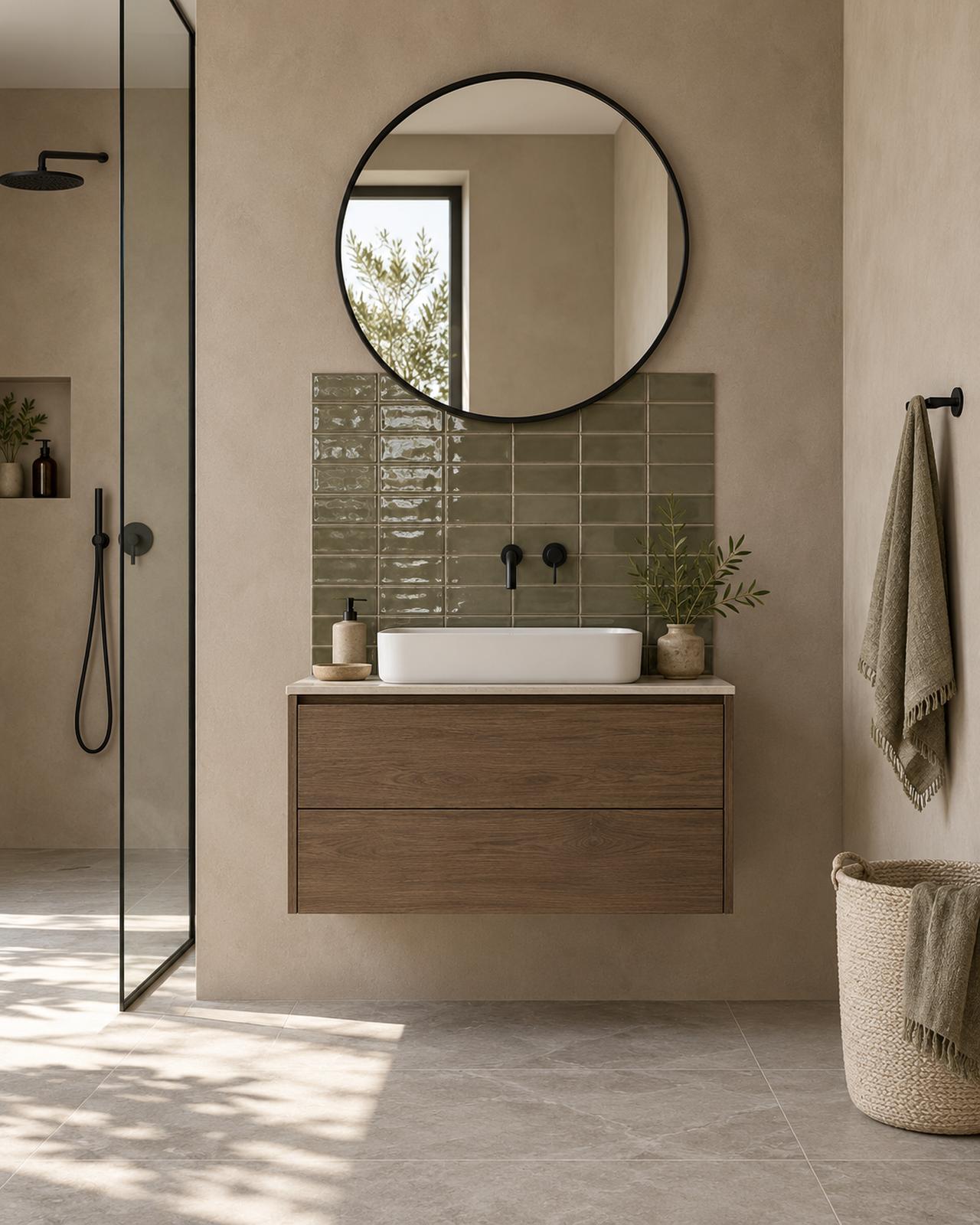 Badkamer met een klein accent van Mindelo Glans Legergroen 6,5x13 wandtegels achter de wastafel
