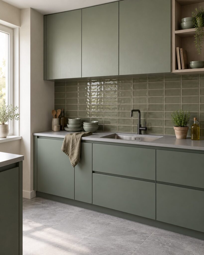Keuken met Mindelo Glans Legergroen 6,5x13 wandtegels, groene kasten en zwarte kraan