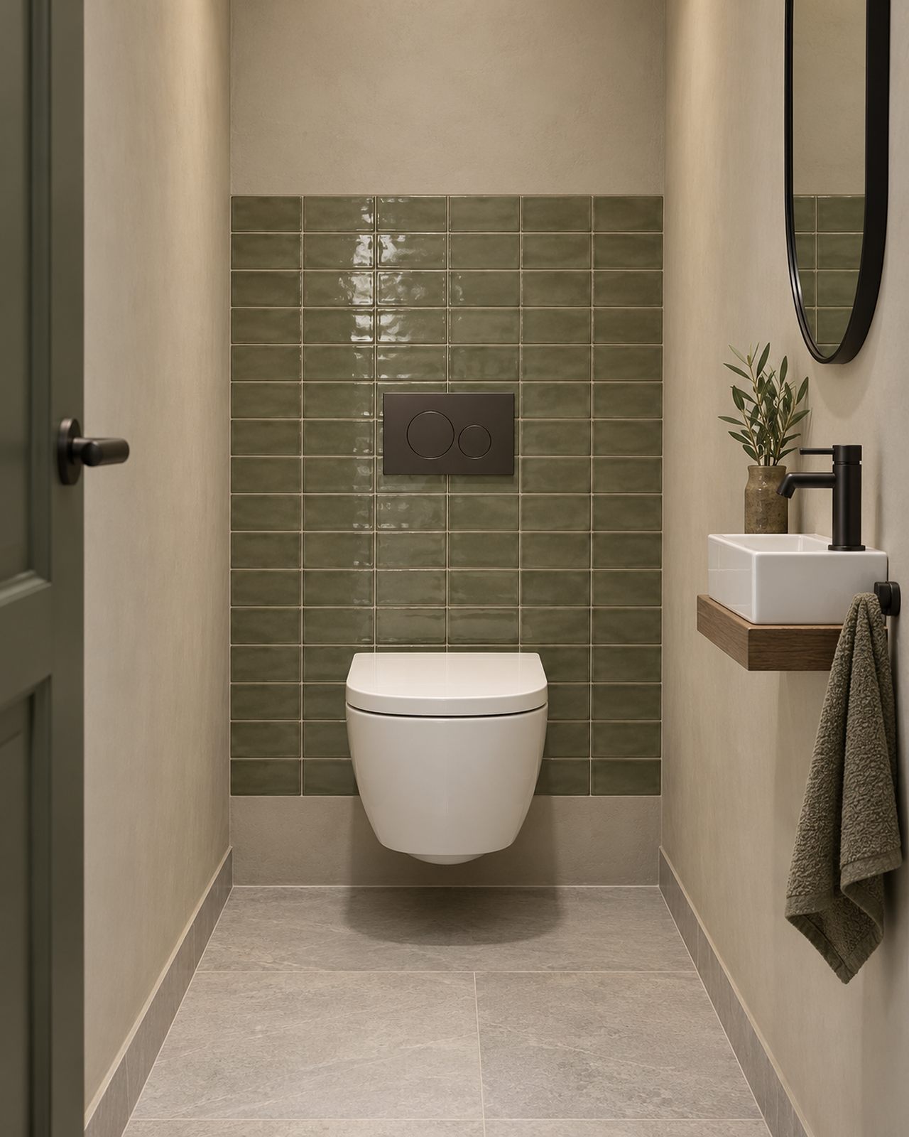Toilet met Mindelo Glans Legergroen 6,5x13 wandtegels als accent achter de toiletpot