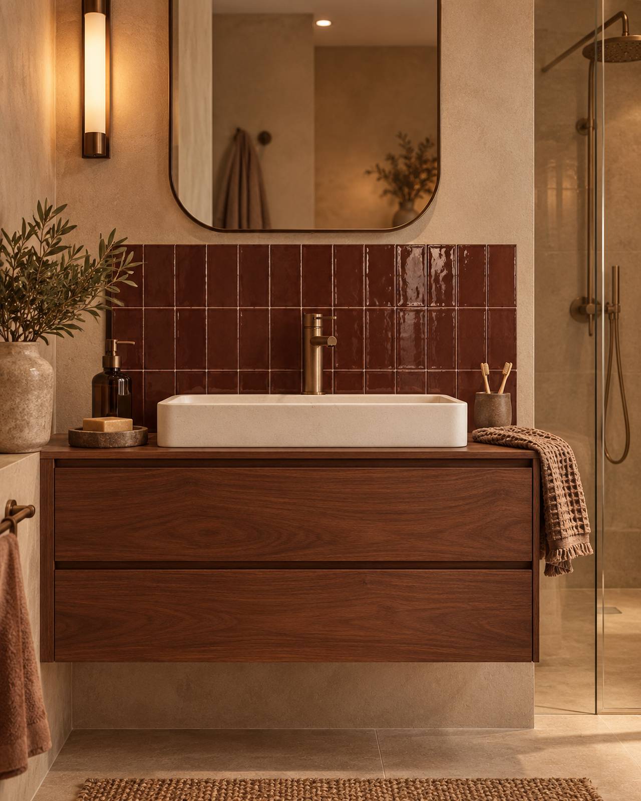 Badkamer met Mindelo Glans Merlot 6,5x13 wandtegels als klein accent achter de wastafel