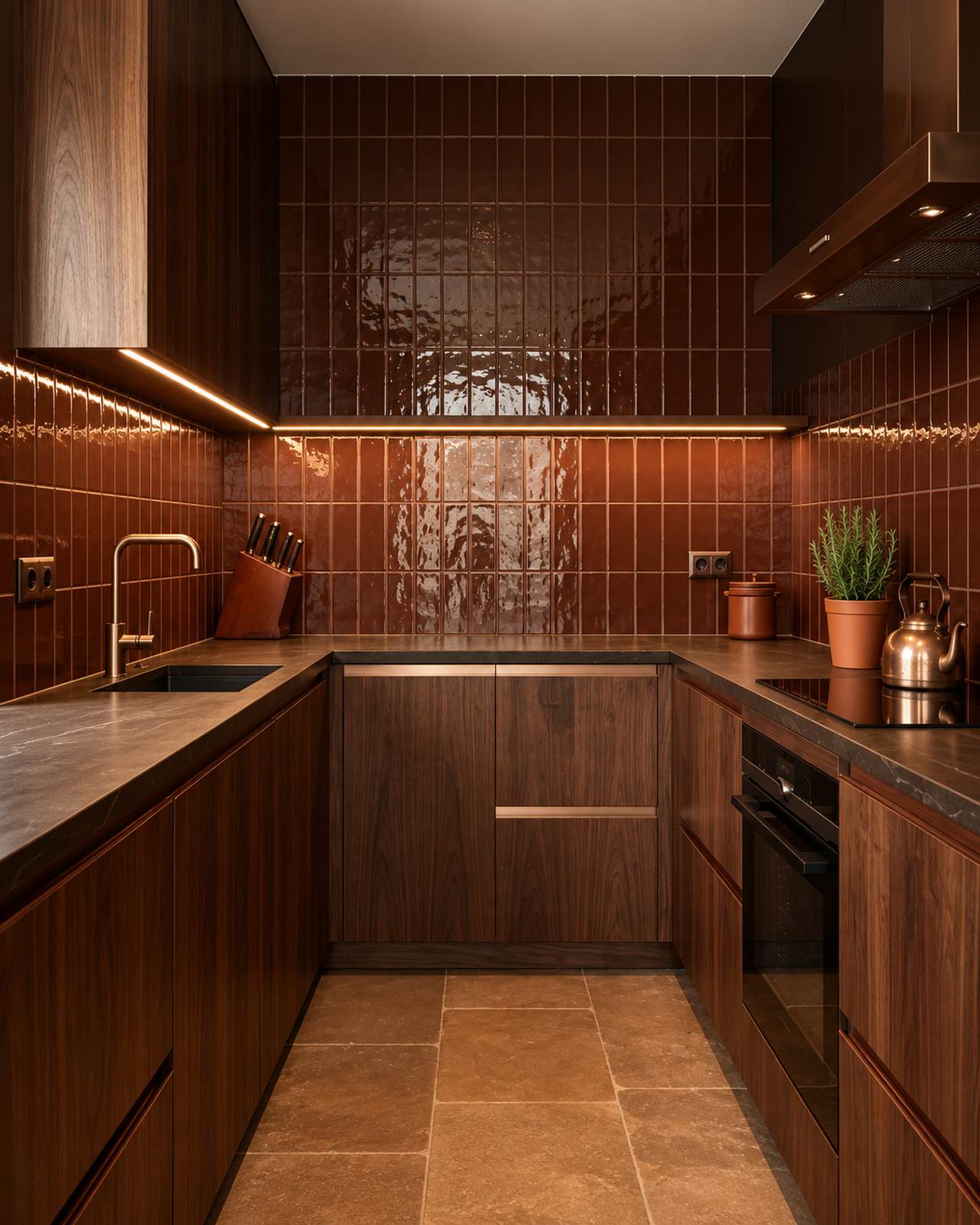 Keuken met Mindelo Glans Merlot 6,5x13 wandtegels in verticaal verband en donkere houten kasten