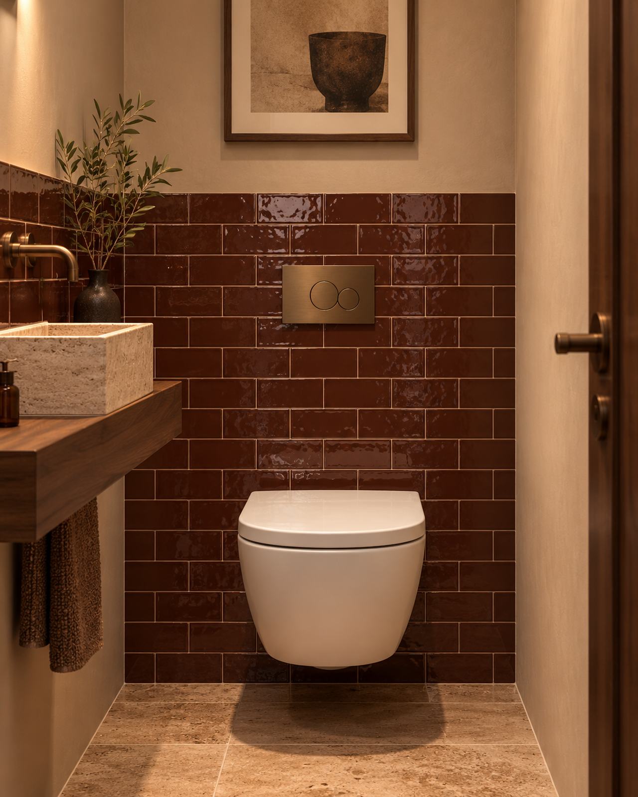 Toilet met Mindelo Glans Merlot 6,5x13 wandtegels, een travertin fonteintje en bronzen kraan