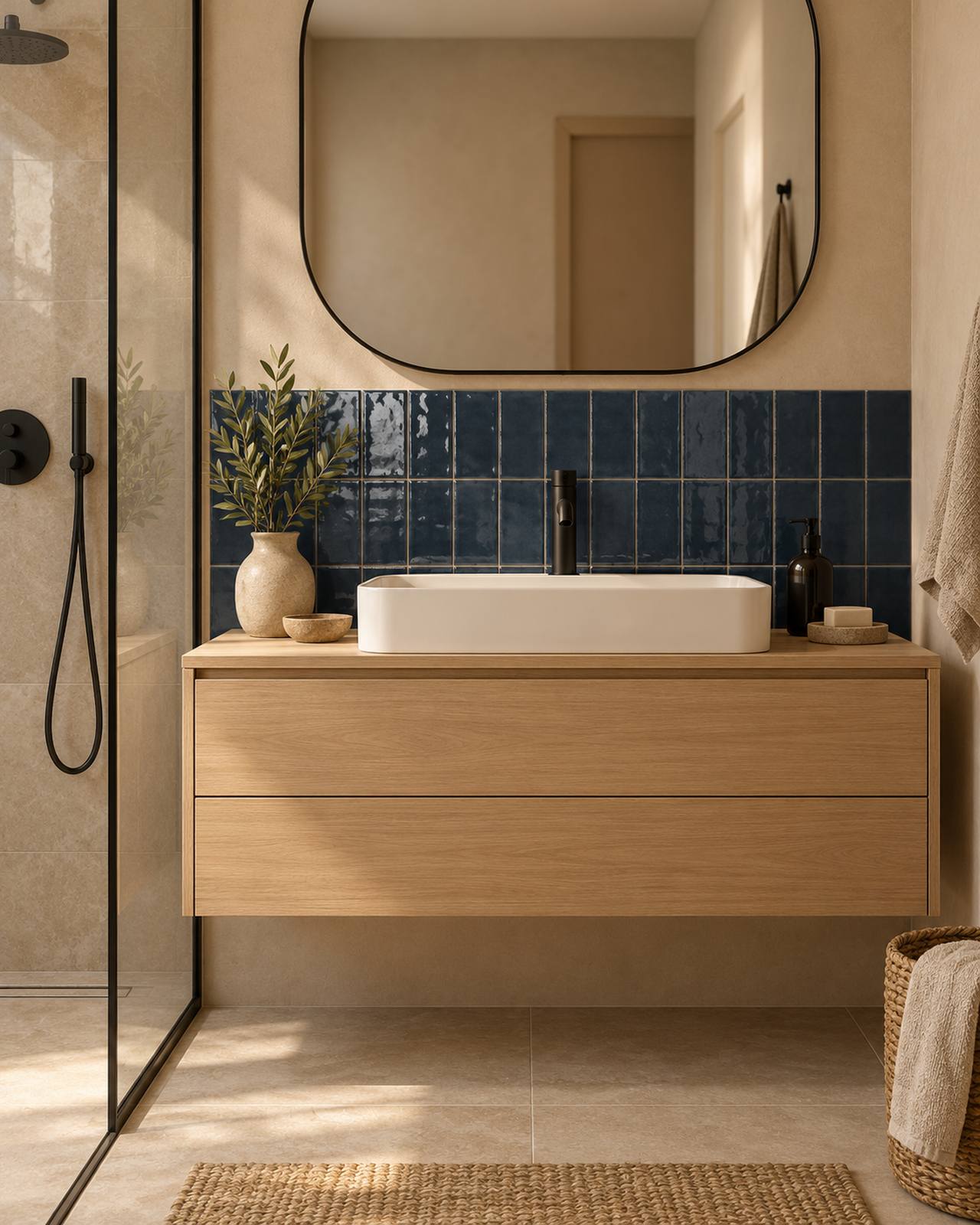 Badkamer met Mindelo Glans Midnight 6,5x13 wandtegels als klein accent achter de wastafel