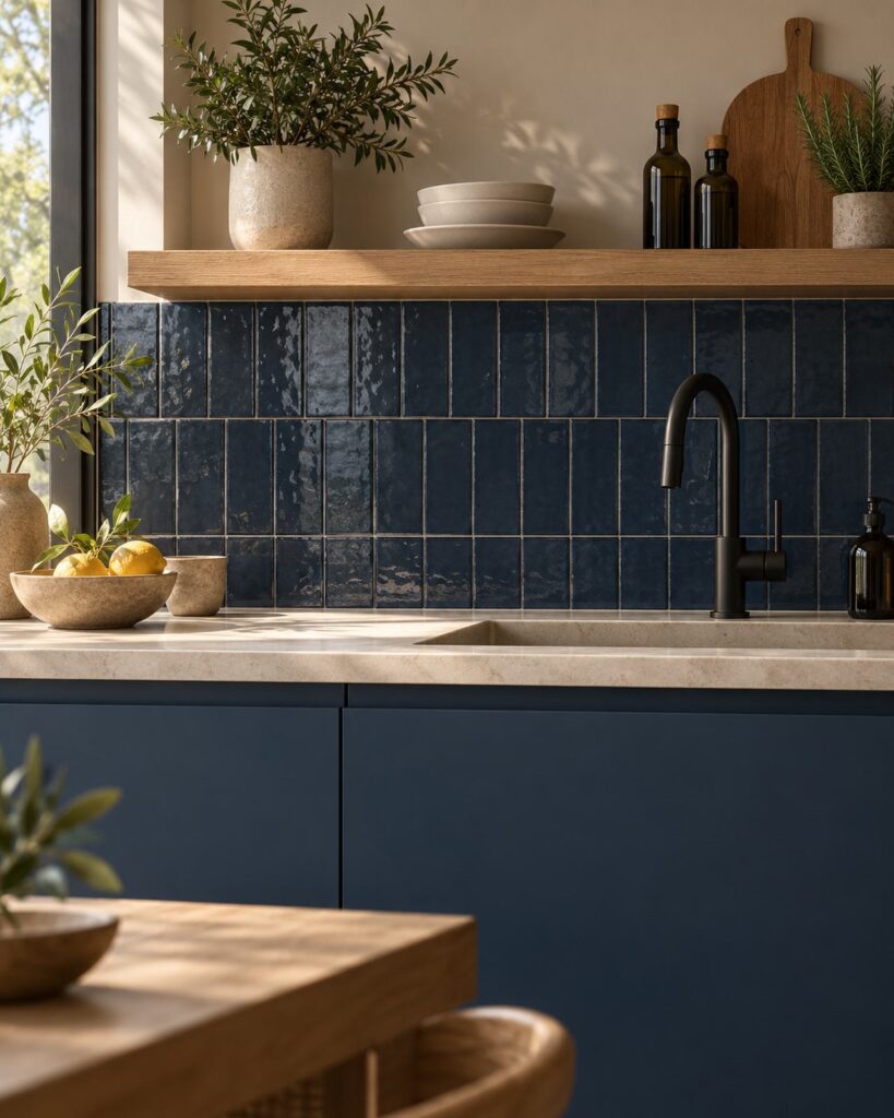 Keuken met Mindelo Glans Midnight 6,5x13 wandtegels in verticaal verband, blauwe kasten en een houten wandplank