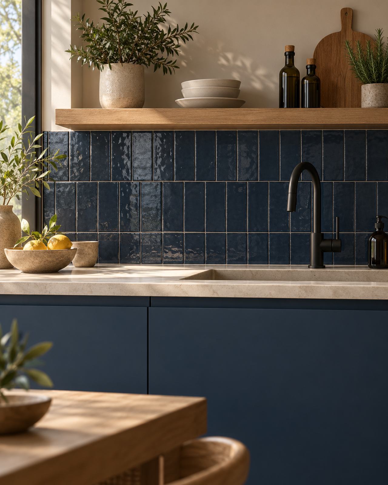 Keuken met Mindelo Glans Midnight 6,5x13 wandtegels in verticaal verband, blauwe kasten en een houten wandplank