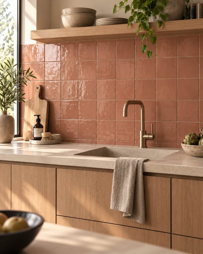 Keuken met Mindelo Glans Mila Suite 5x25 wandtegels in halfsteens verband en taupekleurige kasten