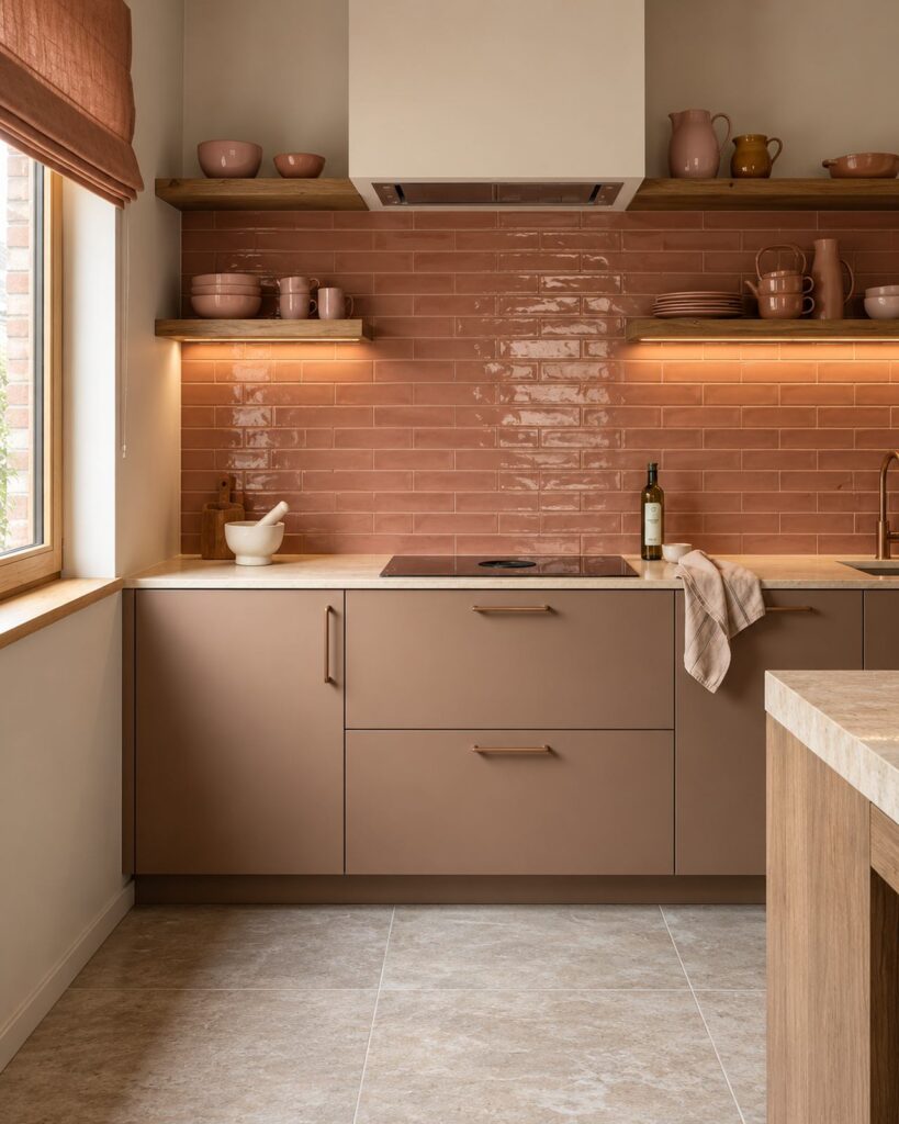 Keuken met Mindelo Glans Mila Suite 5x25 wandtegels in halfsteens verband en taupekleurige kasten