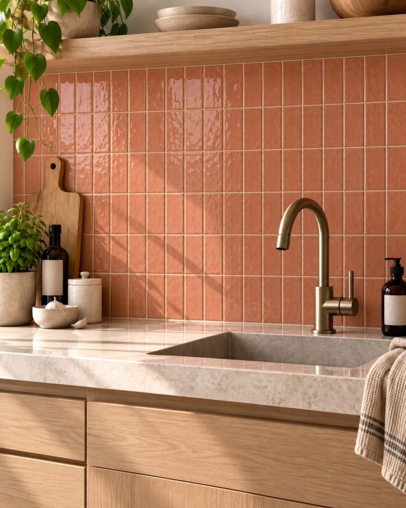 Keuken met Mindelo Glans Mila Suite 6,5x13 wandtegels, een natuurstenen aanrecht en bronzen kraan