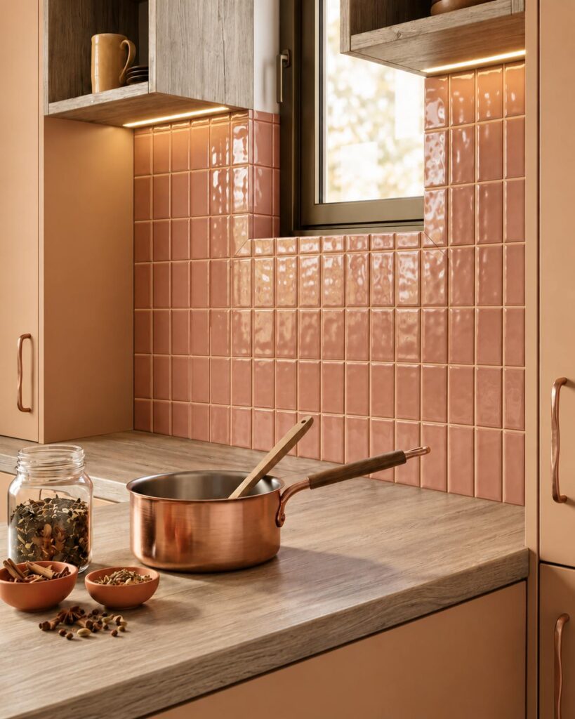 Keuken met Mindelo Glans Mocha Moose 6,5x13 wandtegels in verticaal verband en warme houten accenten