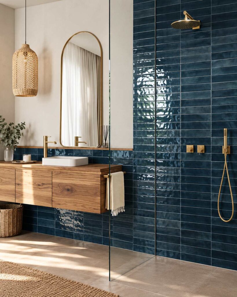 Badkamer met Mindelo Glans Nairobi Blue 5x30 wandtegels, een houten wastafelmeubel en messing douchekranen