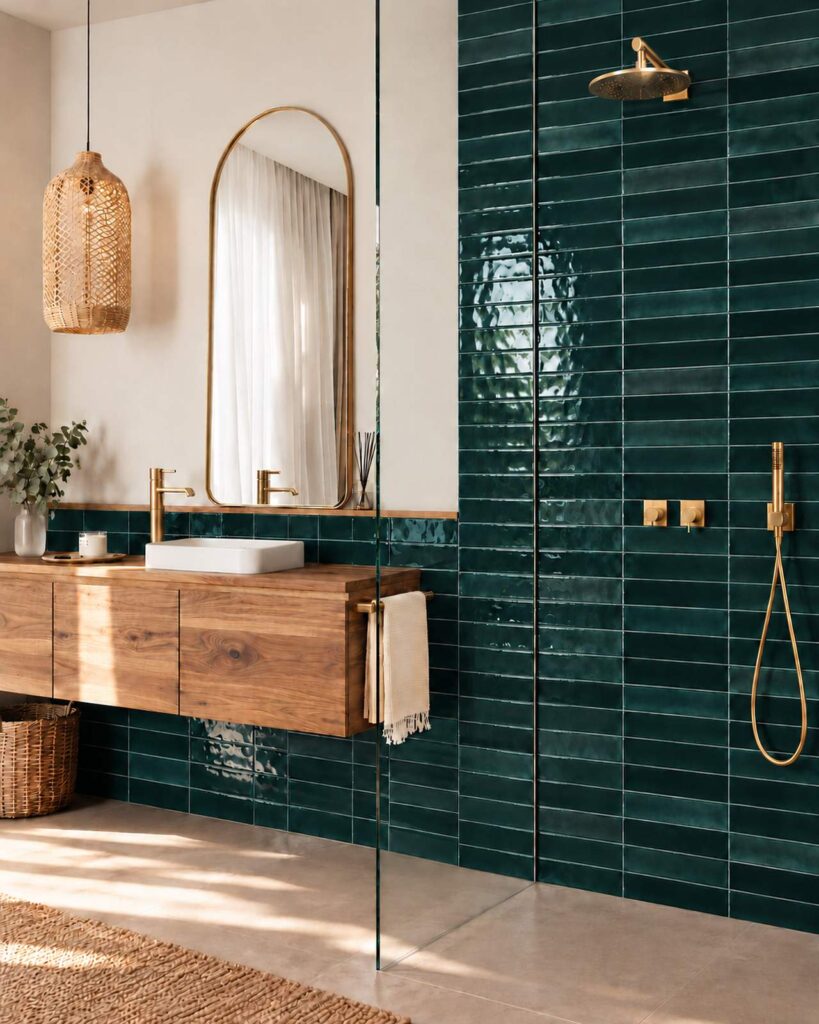 Badkamer met Mindelo Glans Nairobi Green 5x30 wandtegels, een houten wastafelmeubel en een glazen douchewand