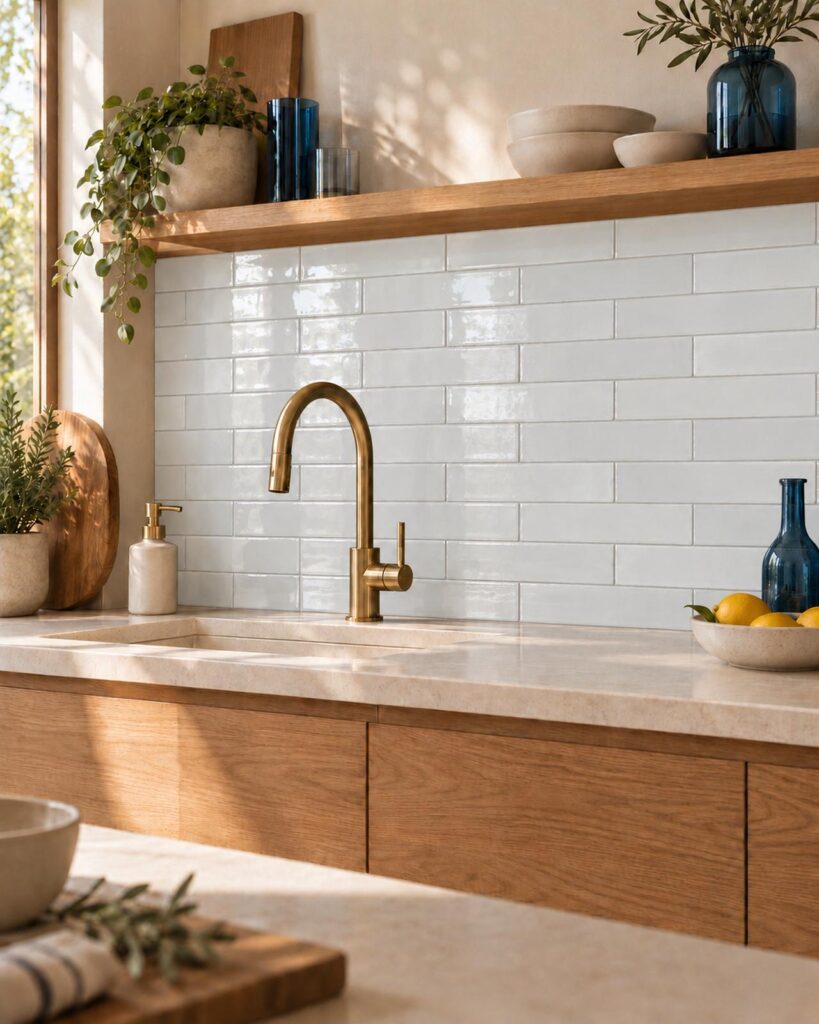 Keuken met Mindelo Glans Nairobi Off White 5x30 wandtegels, eiken kasten en een messing kraan