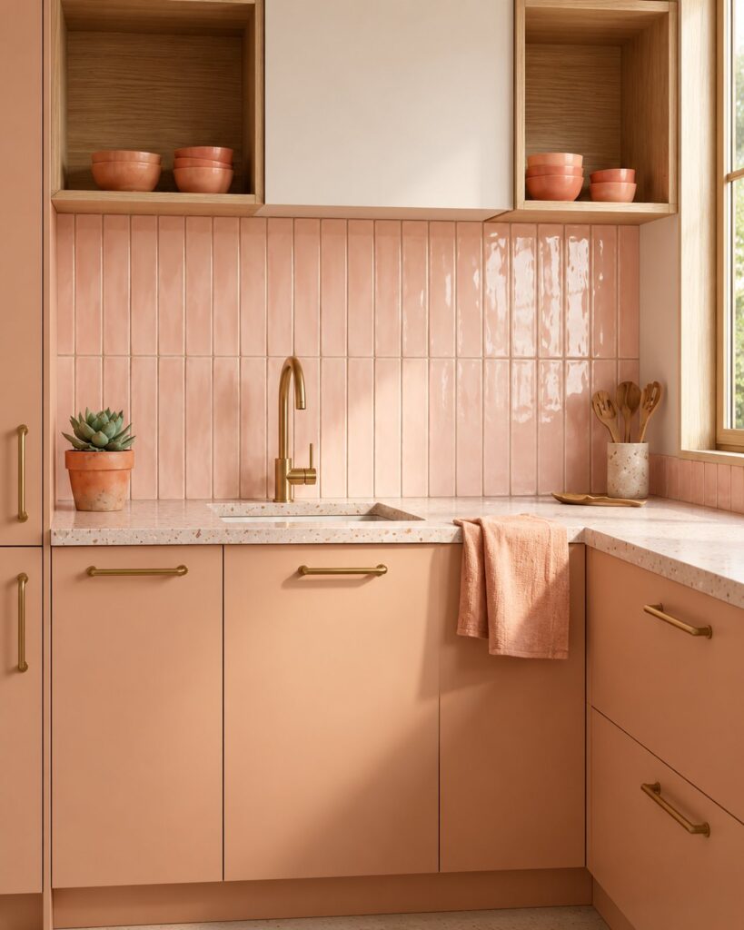 Keuken met Mindelo Glans Noa Pink 5x25 wandtegels in verticaal verband en roze kasten
