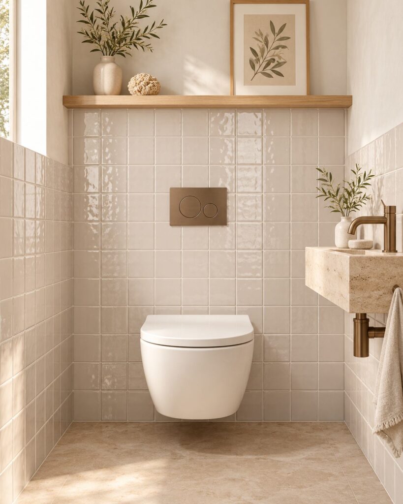 Toilet met Mindelo Glans Sophie Blush 13x13 wandtegels, een stenen fonteintje en bronzen accessoires