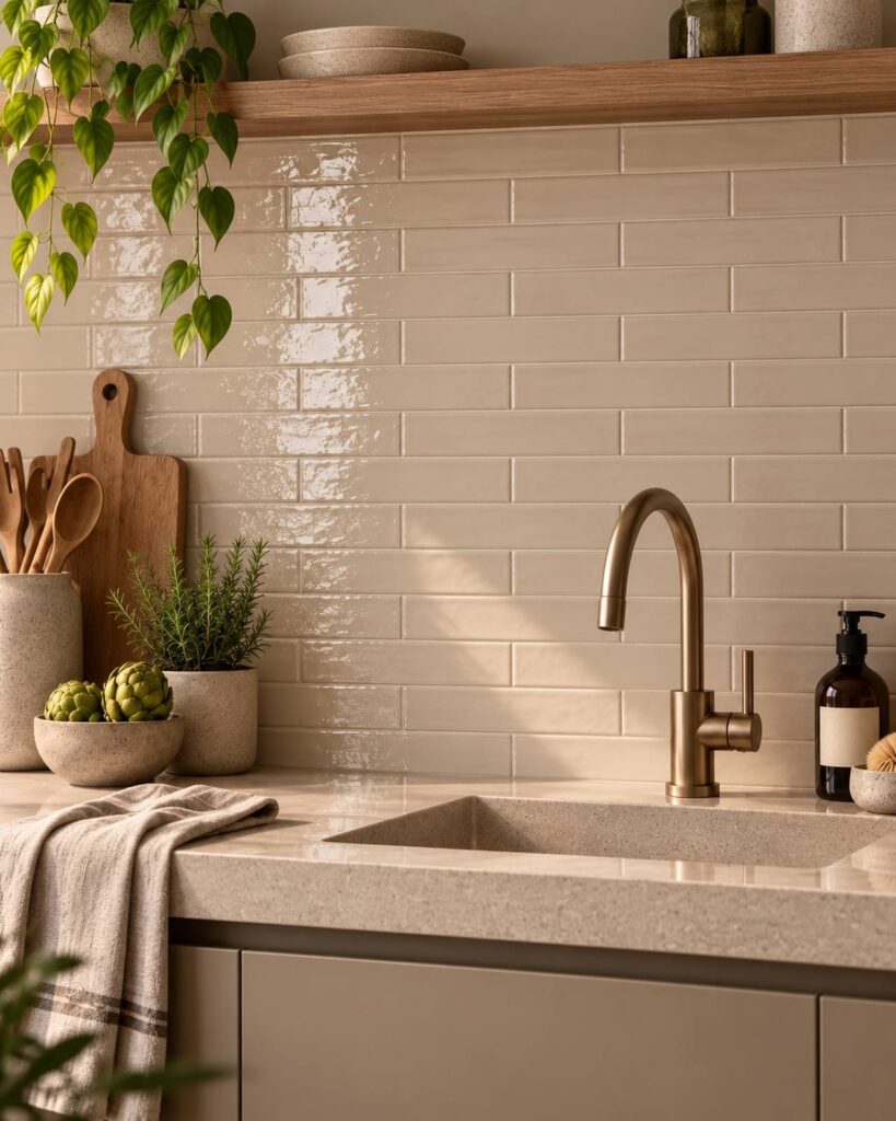 Keuken met Mindelo Glans Sophie Blush 5x25 wandtegels, een natuurstenen aanrecht en bronzen kraan