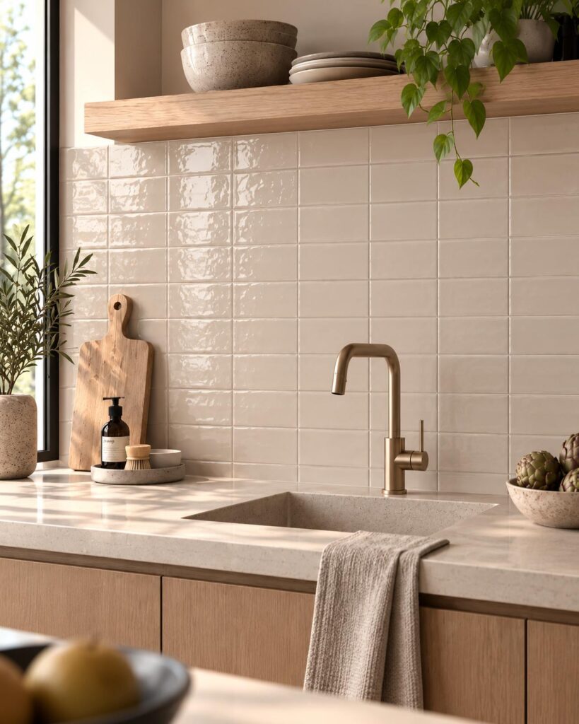 Keuken met Mindelo Glans Sophie Blush 6,5x13 wandtegels, eiken kasten en een bronzen kraan