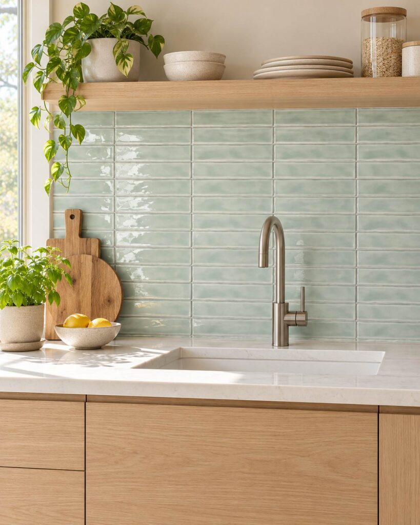 Keuken met Mindelo Glans Vespa Mint 5x25 mintgroene wandtegels, eiken kasten en een geborstelde metalen kraan