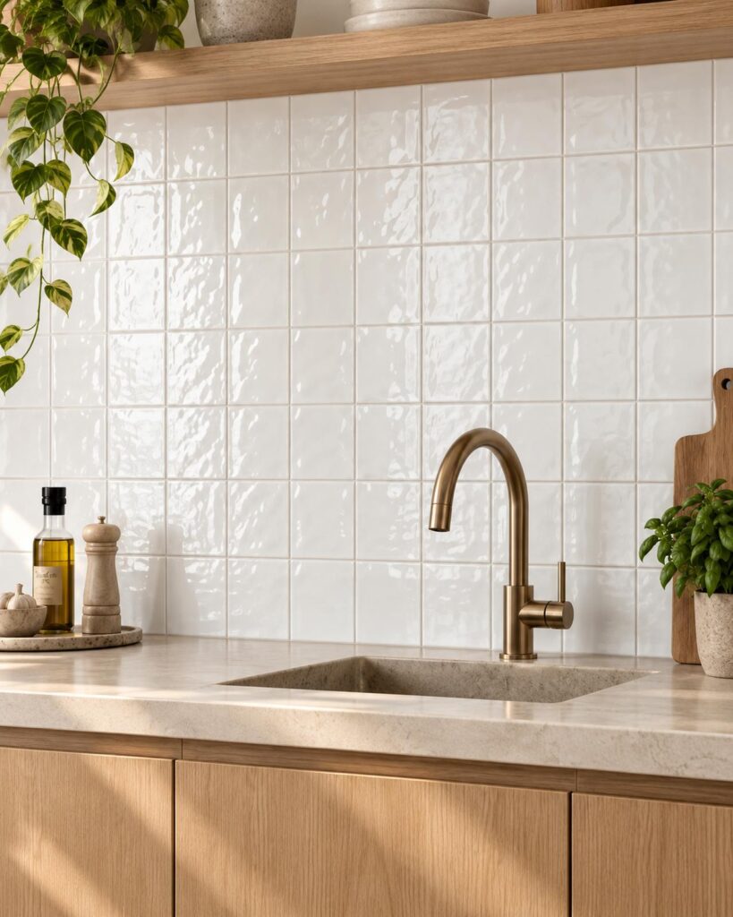 Keuken met Mindelo Glans Wit 13x13 wandtegels, eiken kasten en een bronzen kraan