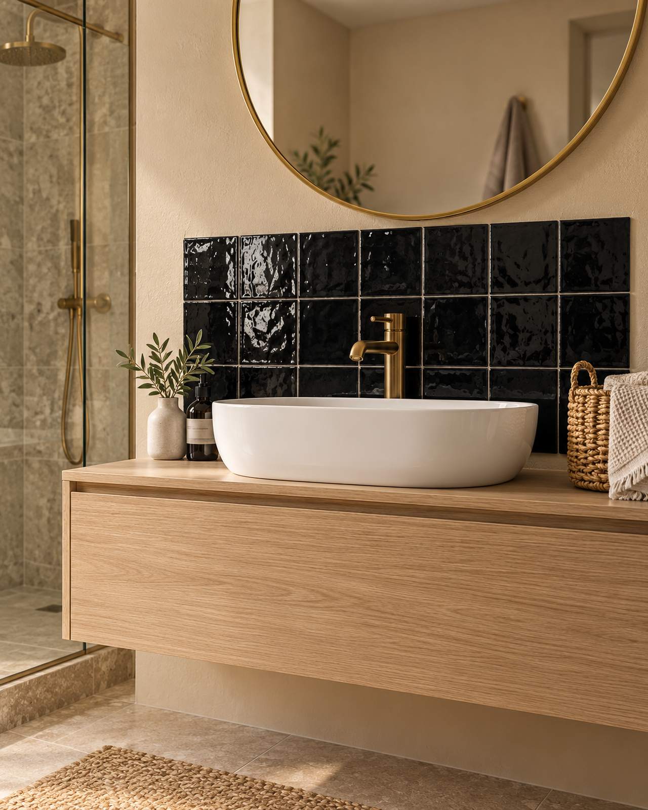 Badkamer met Mindelo Glans Zwart 13x13 wandtegels achter een houten wastafelmeubel
