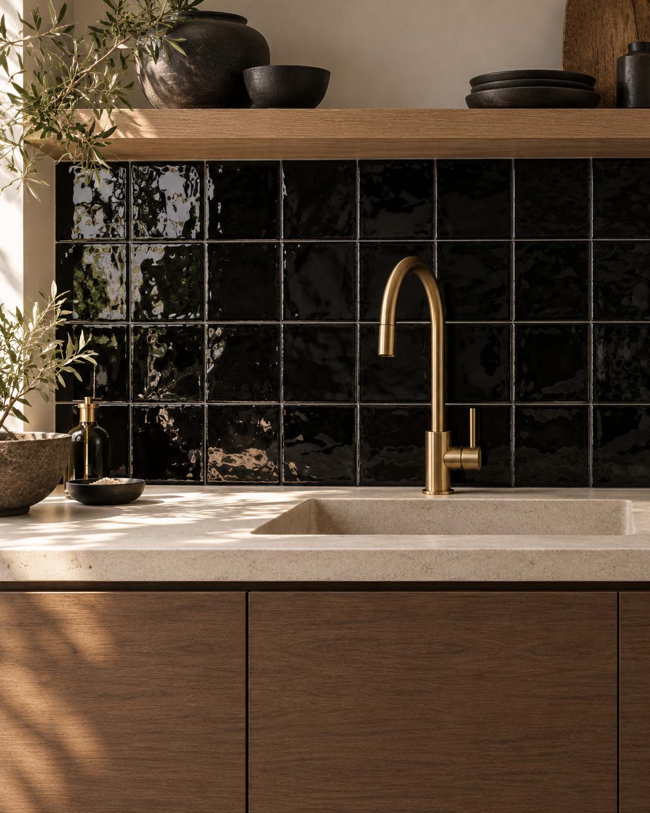 Keuken met Mindelo Glans Zwart 13x13 wandtegels, donkere houten kasten en een messing kraan