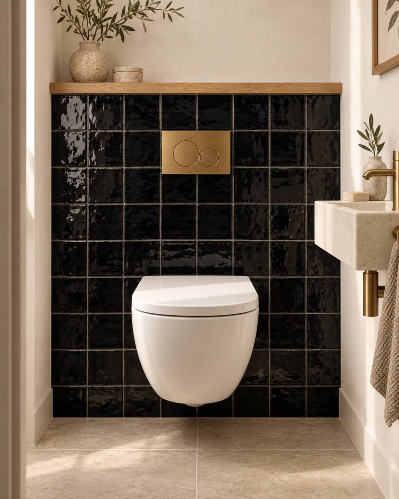 Toiletruimte met Mindelo Glans Zwart 13x13 wandtegels en een wit hangtoilet