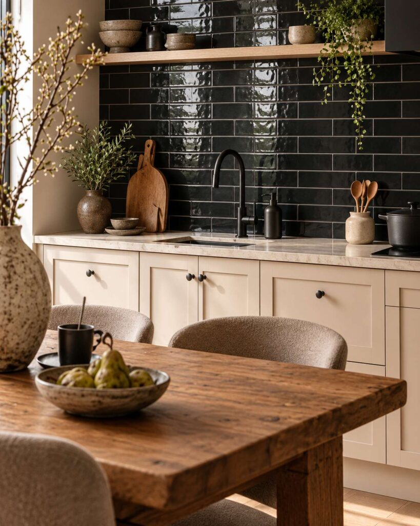 Keuken met Mindelo Glans Zwart 5x25 wandtegels, crèmekleurige kasten en een houten eettafel