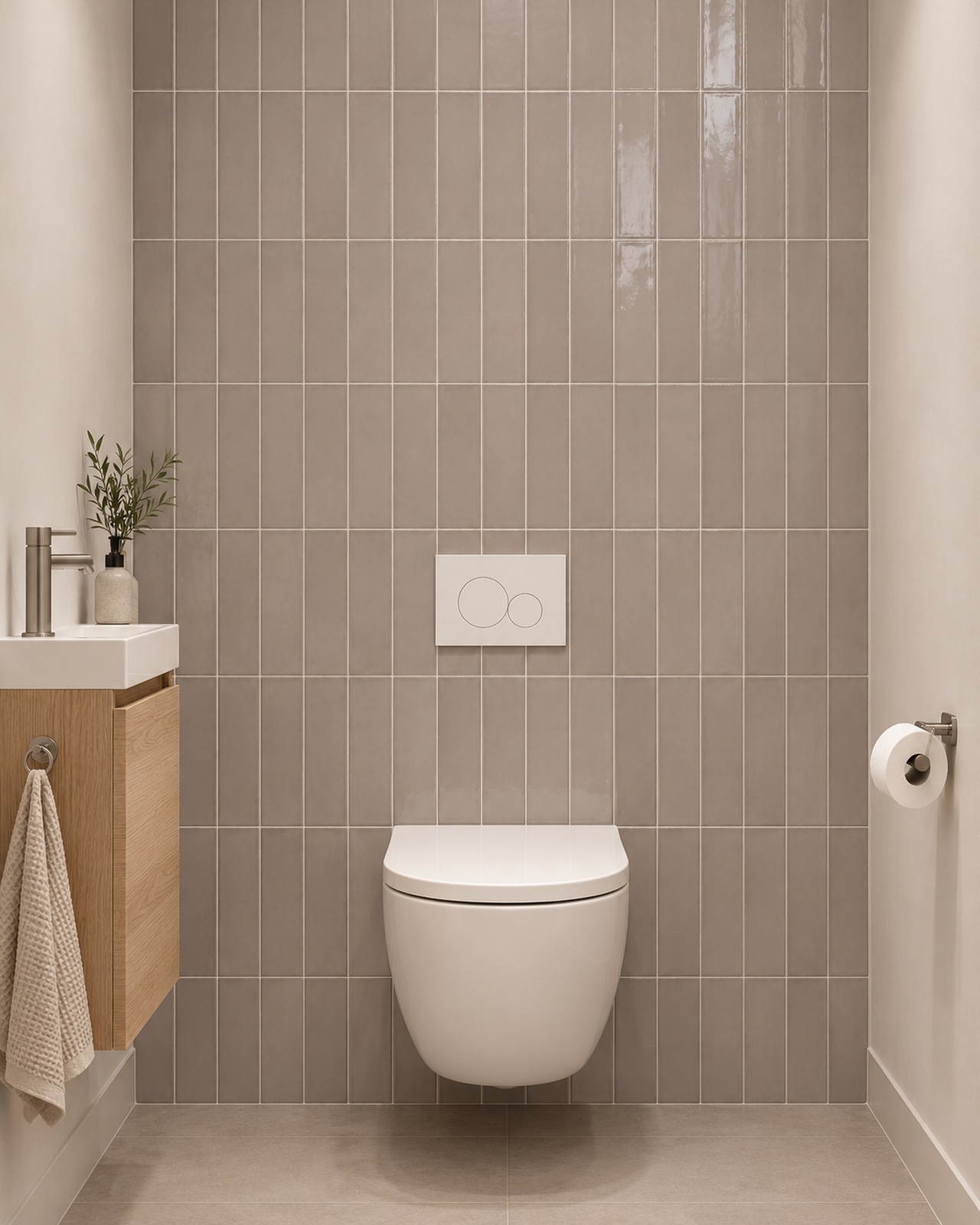 Cifre Colonial Vison Glans 7,5 × 30 cm in verticaal recht verband achter een wit hangtoilet, naast een eiken fonteinkast.