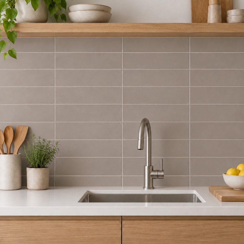 Matte taupekleurige Cifre Colonial Vison tegels van 7,5 × 30 cm als keukenachterwand in horizontaal recht verband, bij eiken kasten en een licht werkblad.