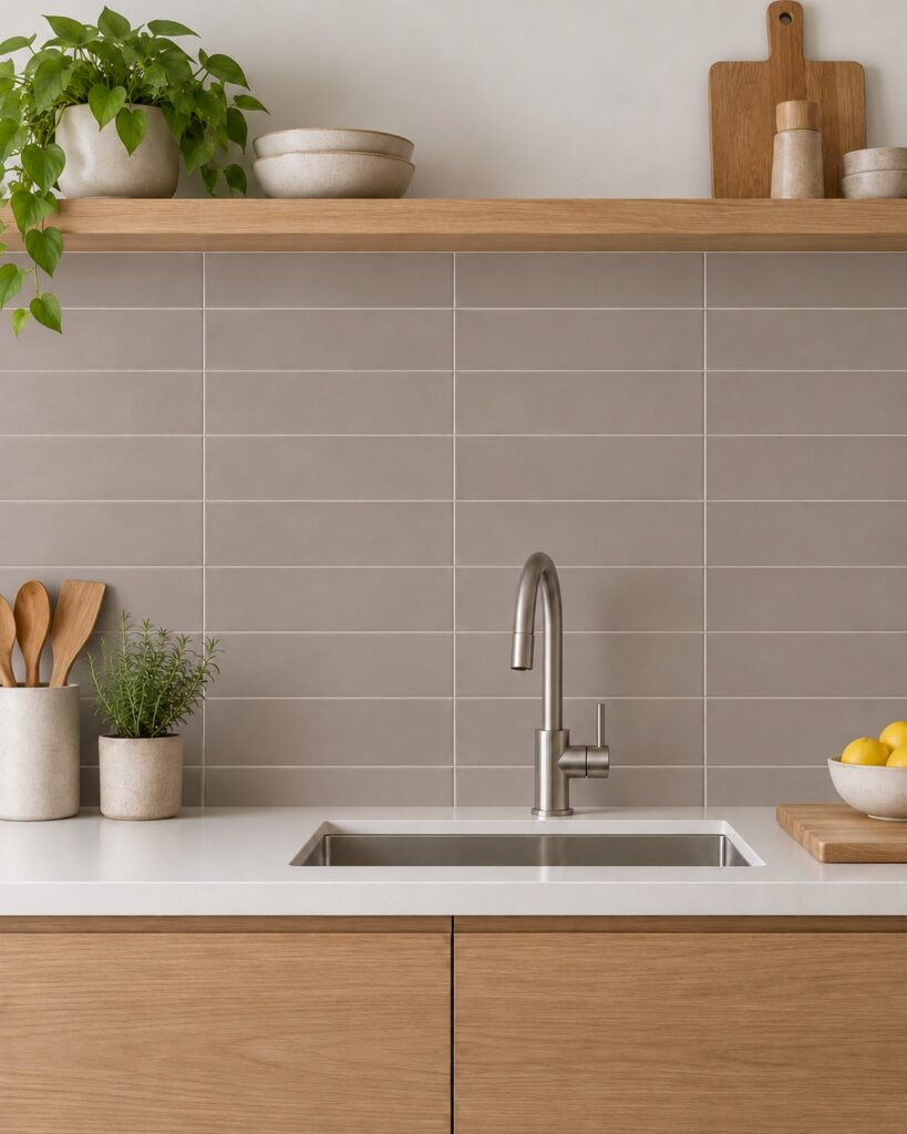Matte taupekleurige Cifre Colonial Vison tegels van 7,5 × 30 cm als keukenachterwand in horizontaal recht verband, bij eiken kasten en een licht werkblad.