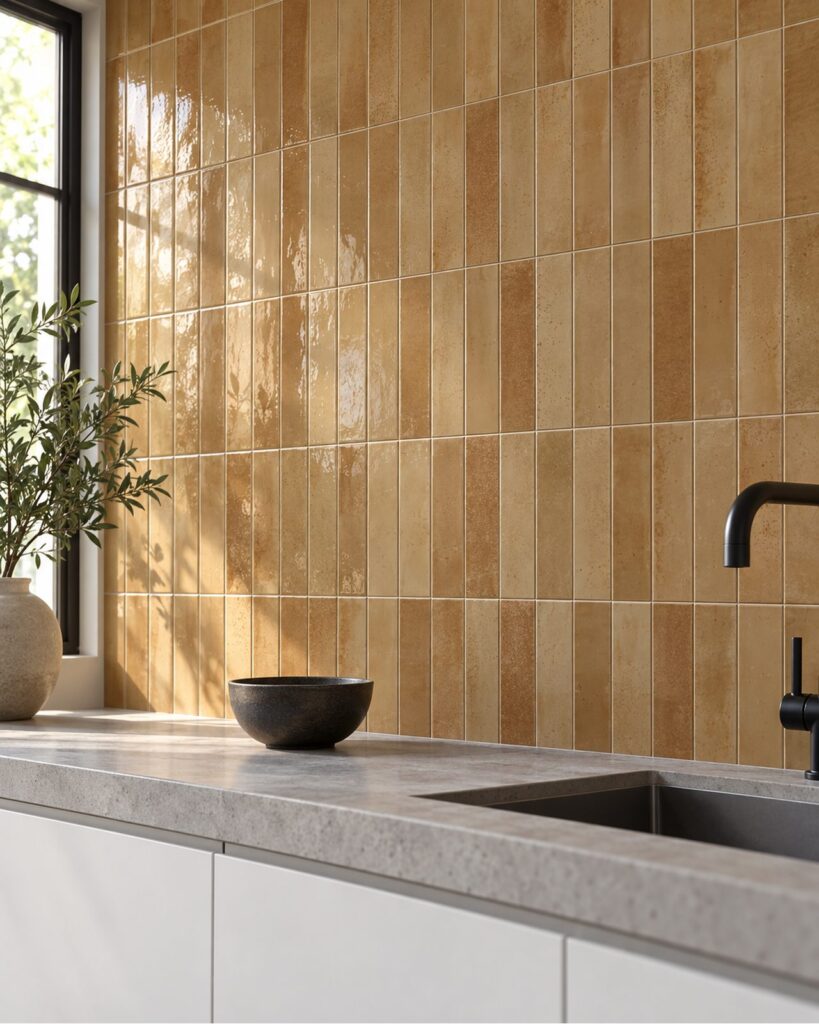 Keradom Home Brick Curry 6x25 cm glanzende wandtegels in verticaal recht verband boven een grijs keukenwerkblad met zwarte kraan.