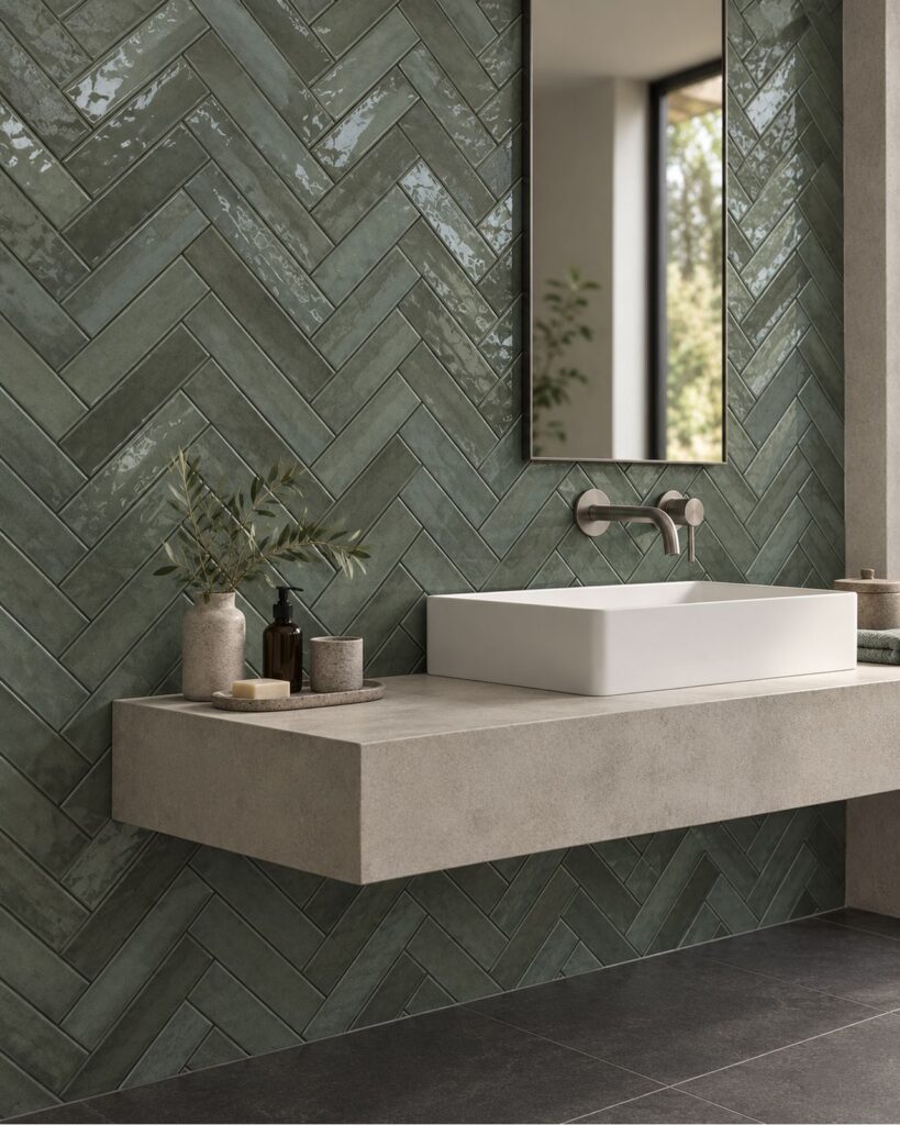 Keradom Home Brick Forest Green 6x25 cm glanzende grijsgroene wandtegels in visgraatverband achter een witte waskom op een betonnen wastafelblad.