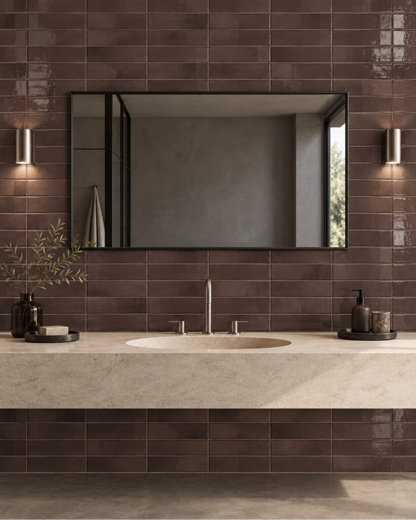 Keradom Home Brick Grape 6x25 cm glanzende bruinpaarse wandtegels in horizontaal recht verband achter een lichte wastafel en brede spiegel.