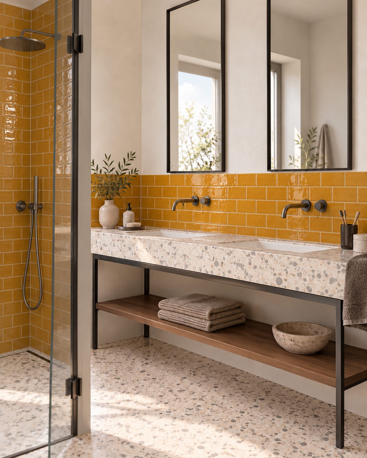 Badkamer met glanzende goudgele Life Fashion Caramel tegels van 7,5x15 cm, een dubbele terrazzo wastafel en een glazen douchewand.