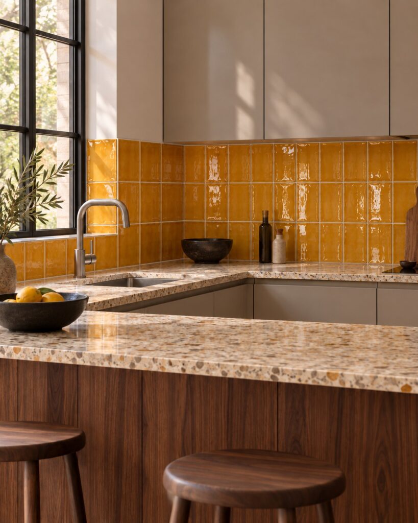 Keuken met glanzende goudgele Life Fashion Caramel tegels van 7,5x15 cm in verticaal recht verband, een terrazzo werkblad en een houten schiereiland.