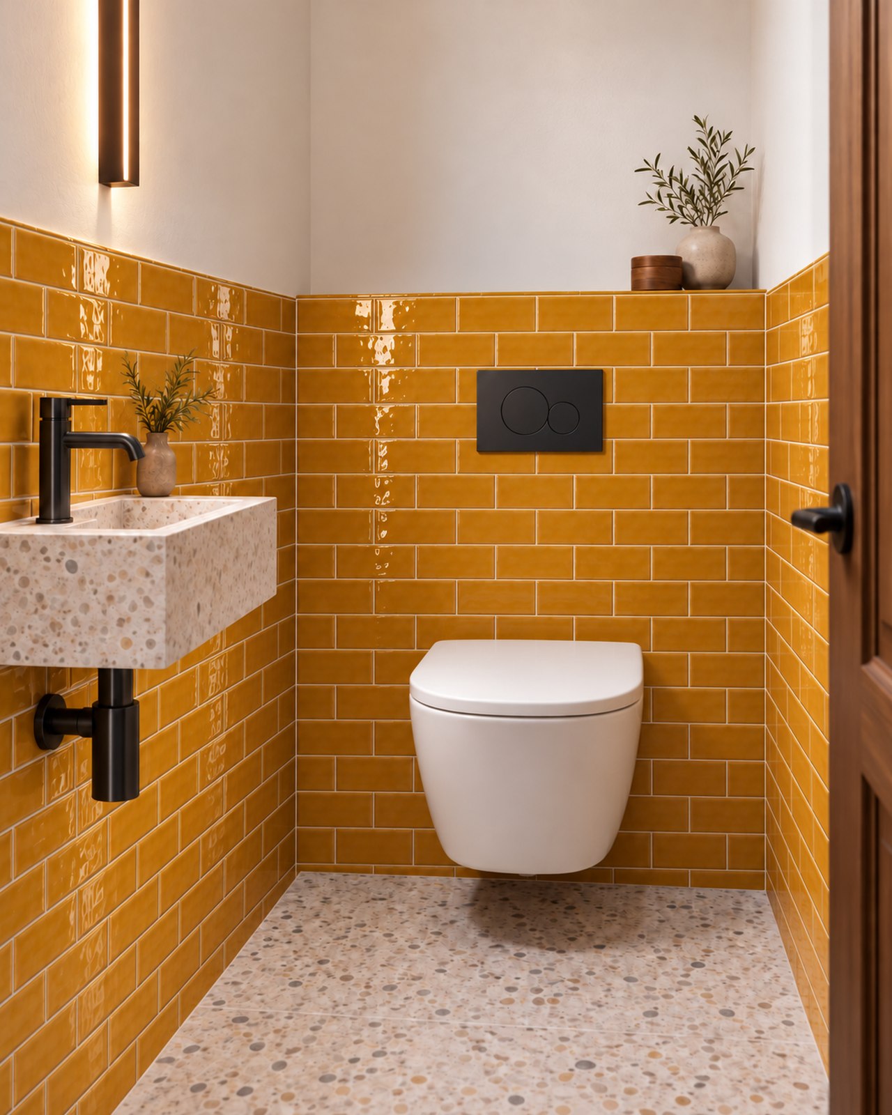 Toiletruimte met glanzende goudgele Life Fashion Caramel tegels van 7,5x15 cm in halfsteens verband, een wit hangtoilet en een terrazzo fonteintje.